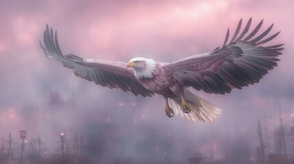 Obraz premium Majestic bald eagle in flight against a misty pink sky