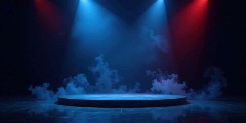 Dramatic Low-Light Circular Platform with Blue and Red Lighting and Atmospheric Smoke