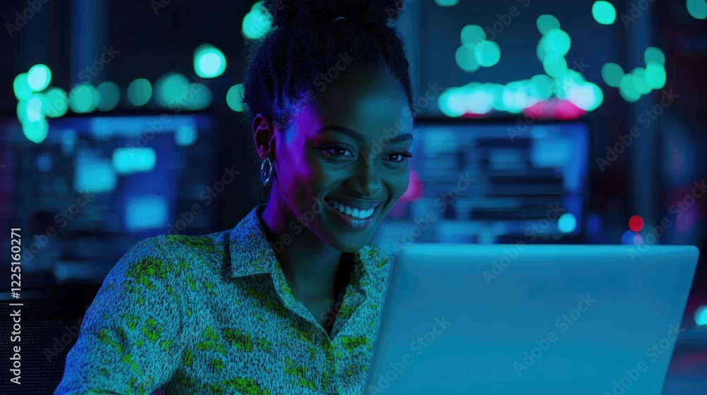 Poster smiling black woman in colorful office using laptop computer for it projects with creative atmospher