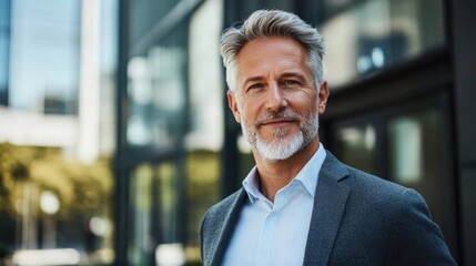 Fototapeta premium Confident senior businessman with gray hair and beard strolling in urban office environment, dressed in tailored blazer and light shirt, sunny day.