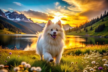 Adorable Pomeranian, a cloud of white fur, thrives in stunning scenery.
