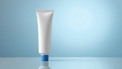 Tube Mockup on a Reflective Surface with a Soft Blue Background and Copy Space