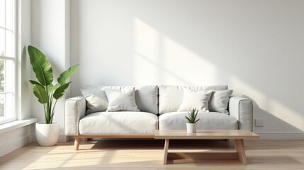 Serene Minimalist Living Room Interior Design Featuring a Comfortable Sofa, Wooden Coffee Table, and Lush Potted Plant, Bathed in Soft Sunlight