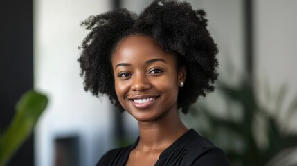 Fototapeta premium Smiling Black woman with natural curly hair in modern office environment, showcasing professionalism and confidence, greenery in background.