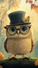Adorable owl in glasses and top hat with autumn background.