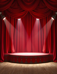circus stage with red curtain and spotlights vintage carnival podium background 3d rendering, with white tones