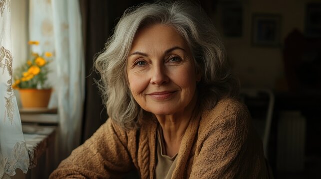 Smiling senior woman with gray hair in cozy home setting near window with potted flowers warm tones soft natural light portrait careworn face