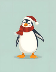 Fototapeta premium christmas penguin wearing a scarf vintage illustration isolated on a transparent background, smooth light, with white tones