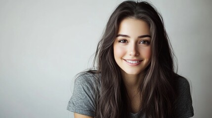 Fototapeta premium Stylish young adult woman with long brown hair smiling sincerely in grey t-shirt against soft white studio background capturing natural beauty and confidence