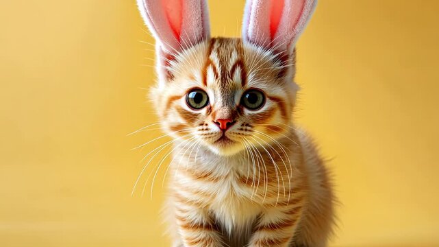 Cute little kitty with easter bunny ears isolated on yellow background