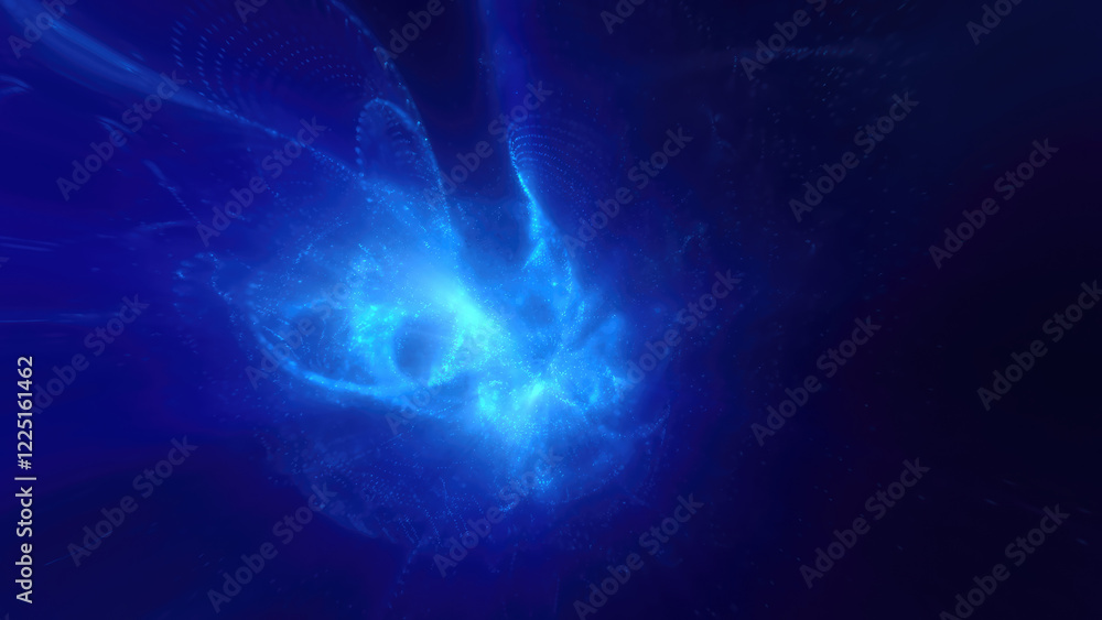 Poster a luminous blue energy sphere core floating in a dark void, evoking a sense of technology and futuri