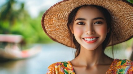 Smiling Thai woman in a straw hat and colorful floral dress relaxing outdoors by a tranquil river with lush greenery in the background