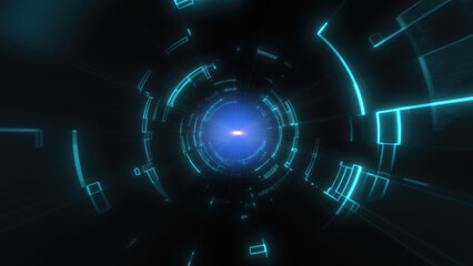 Abstract futuristic tunnel with concentric light rings and geometric patterns, central glowing light source, vibrant colors for digital and sci-fi themes background