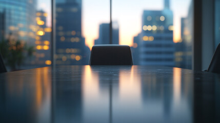 Empty Modern Office Conference Table Sunset City View room desk dark chair urban glass light window 