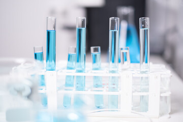 Close-up Laboratory test tube with blue liquid for chemistry chemical medicine research