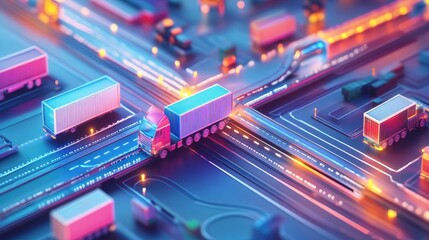 Obraz premium Logistics icons, vibrant interconnected pathways, 3D illustration. 