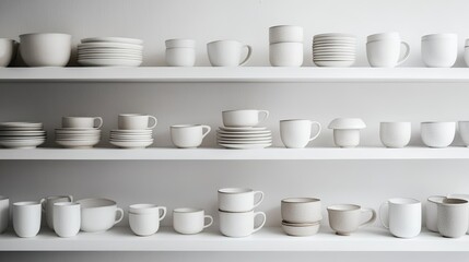 A minimalist coffee corner with clean white shelves and neatly arranged mugs. digital
