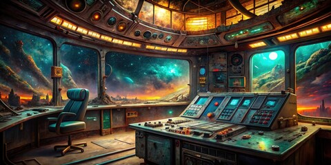 Obraz premium A forgotten space stationâ€™s control room, abandoned amidst the star-dusted void, whispers of past glories.