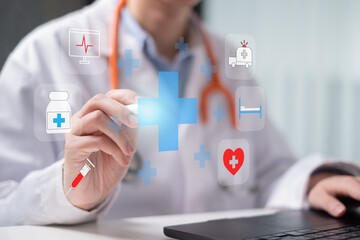 Professional health care worker doctor stethoscope medicine ambulance ekg icon concept