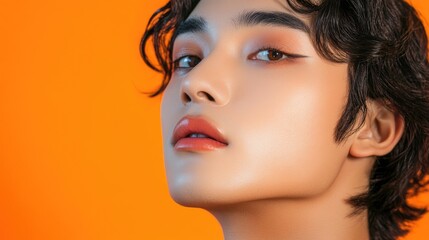 Young Asian man with genderless makeup showcasing modern men's cosmetics in beauty salon, vibrant orange backdrop, stylish curly hair, facial contouring.