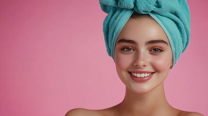Smiling young woman with rosy cheeks and turquoise towel headwrap against a vibrant pink background, radiating positivity and beauty.
