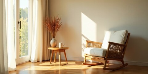 Serene sunlit interior with rocking chair, side table, and dried floral arrangement