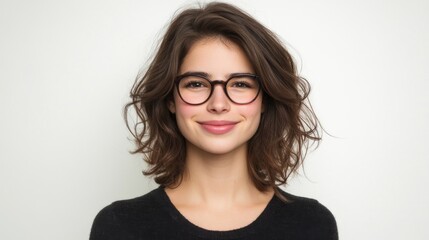 Fototapeta premium Happy young brunette woman with glasses smiling confidently against a neutral white background, featuring casual black attire and soft wavy hair.