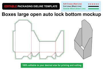 Boxes large open auto lock bottom mockup dieline for creative packaging designs, Open Auto Lock, Bottom Mockup, Dieline Design, Product Packaging, Box Mockup, customizable box, Custom box dieline