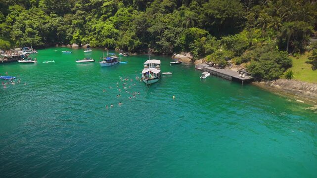 aerial view of an island near Paraty city in Rio de Janeiro with boats and sea 