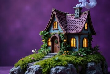 Enchanted Cottage on a Mossy Hillside, Illuminated by Warm Interior Lights and Surrounded by Lush Greenery