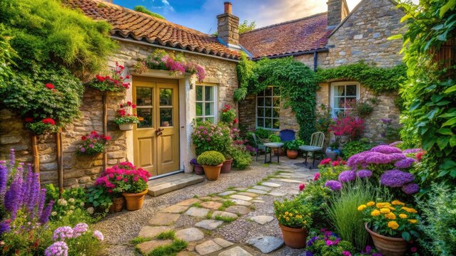 AI art depicts a surreal UK cottage garden, featuring a York stone patio, gravel path, and French doors.