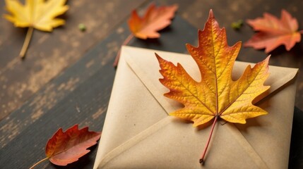Obraz premium Autumnal Correspondence A Rustic Envelope Adorned with Vibrant Fall Foliage