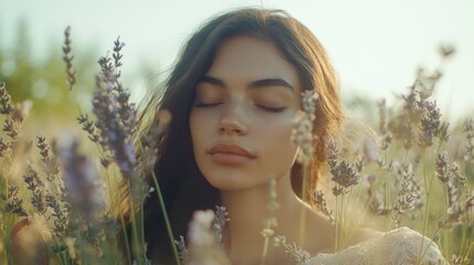 Young woman with closed eyes holding lavender bouquet in sunlit summer meadow surrounded by blooming flowers embodying nature, relaxation, and healing.