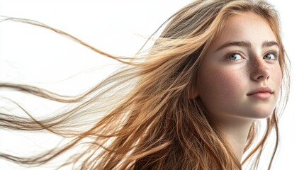 Fototapeta premium Young adult woman with long flowing fair hair and natural freckles, captured in a soft light against a white background, exuding a serene and gentle expression.
