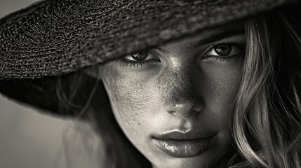 Close-up portrait of young woman with long wavy hair wearing a wide-brimmed straw hat showcasing detailed freckles and expressive eyes in soft focus.