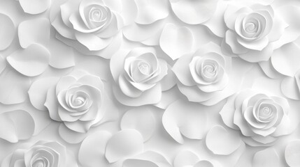 Elegant white paper roses and petals on clean background for minimalist design