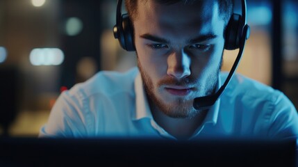 Male call center agent focused on computer, wearing headset, professional office setting with cool blue lighting, assisting customer with services.