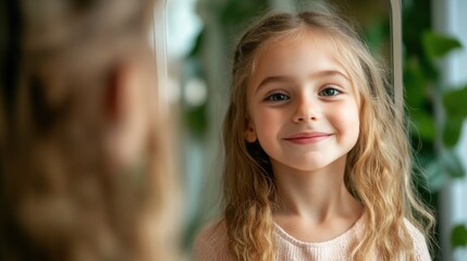 Fototapeta premium Young girl admiring her reflection in a mirror after cosmetic treatment in a bright spa salon with green plants and natural light