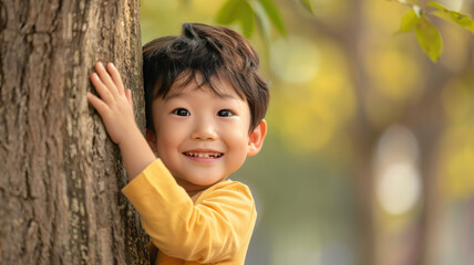 cheerful child in yellow shirt plays hide and seek behind tree in sunny park, surrounded by blurred greenery