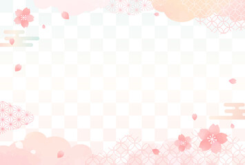 春　水彩風 桜と和柄 背景 市松模様	