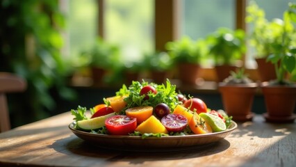 Vibrant Summer Salad Displayed on Rustic Wooden Table in Sunny Greenhouse Setting