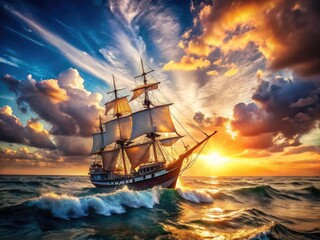 Fototapeta premium Antique ship sails the sea; a retro ocean liner's journey through maritime history, captured in artwork.