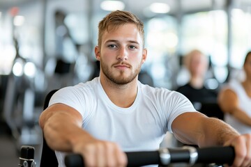 A dedicated young man works out in a gym, displaying focus and determination while using a rowing machine to enhance his fitness and strength goals clearly.