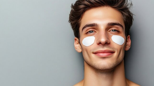 Young adult man with clear skin applying under-eye patches for skincare over grey background, concept of beauty, wellness, and personal care.