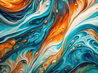 Obraz premium A panoramic backdrop of abstract teal, blue, white, and orange paint splatters offers a rich, textured aesthetic.