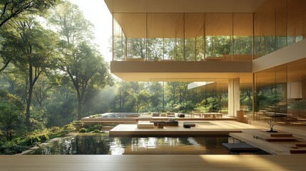Fototapeta premium Tranquil Modern House in Lush Forest Setting