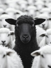 Une photographie d'un seul mouton noir se détachant au milieu d'un troupeau infini de moutons blancs