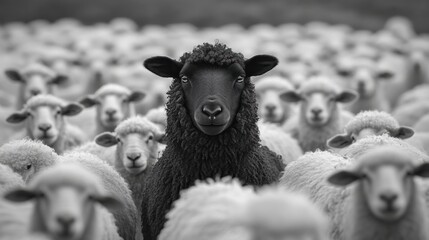 Une photographie d'un seul mouton noir se détachant au milieu d'un troupeau infini de moutons blancs