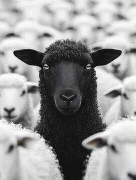 Une photographie d'un seul mouton noir se d&eacute;tachant au milieu d'un troupeau infini de moutons blancs