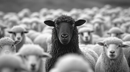 Une photographie d'un seul mouton noir se détachant au milieu d'un troupeau infini de moutons blancs